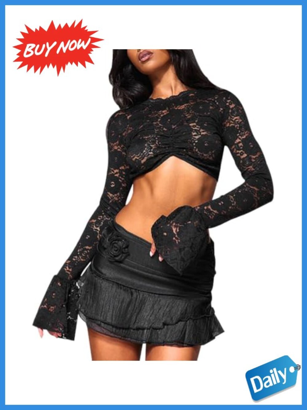 Women's Floral Lace Mesh See Through Crop Top Long Sleeve Sheer Blouse